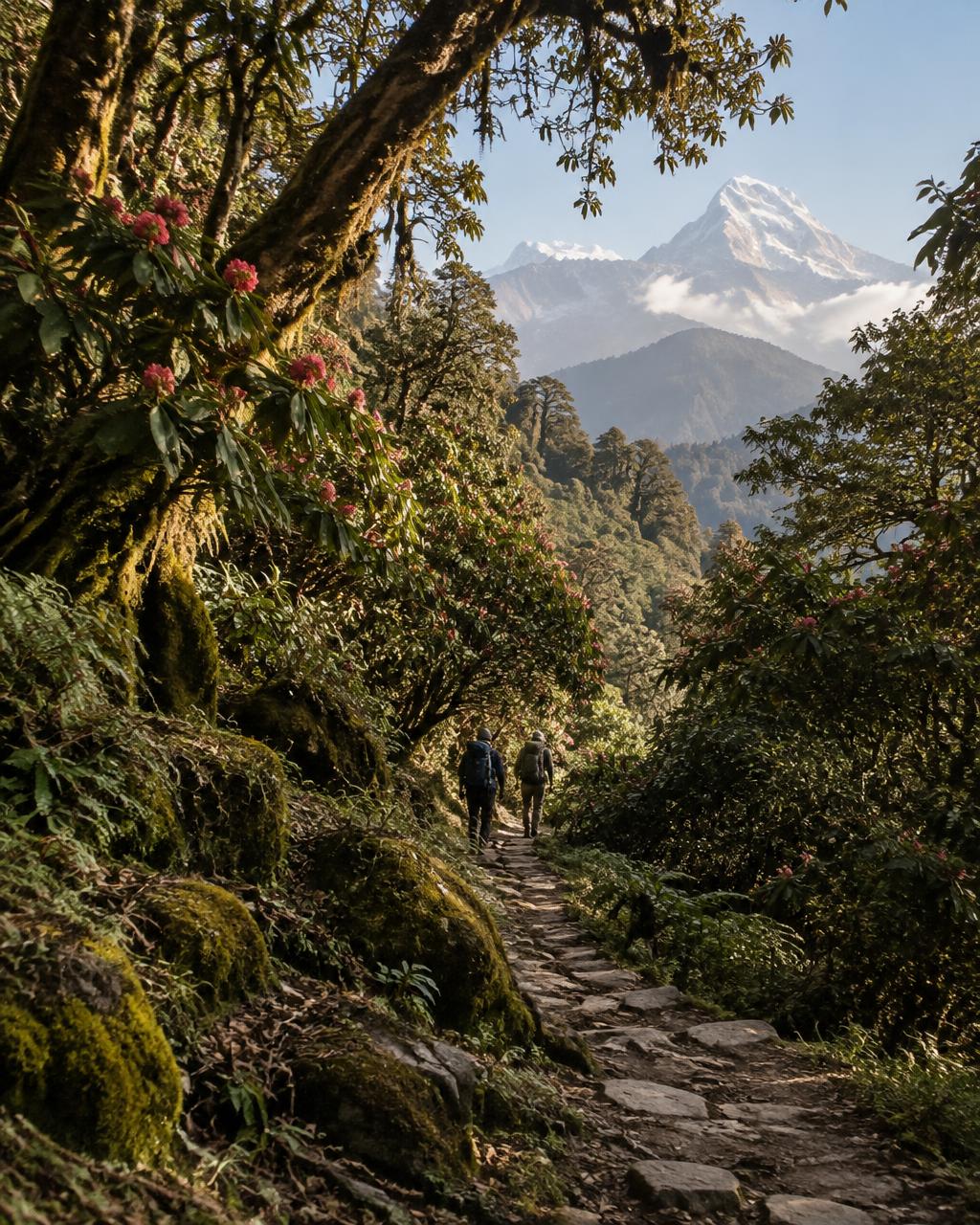 Trekkers on a forest trail toward a Himalayan peak