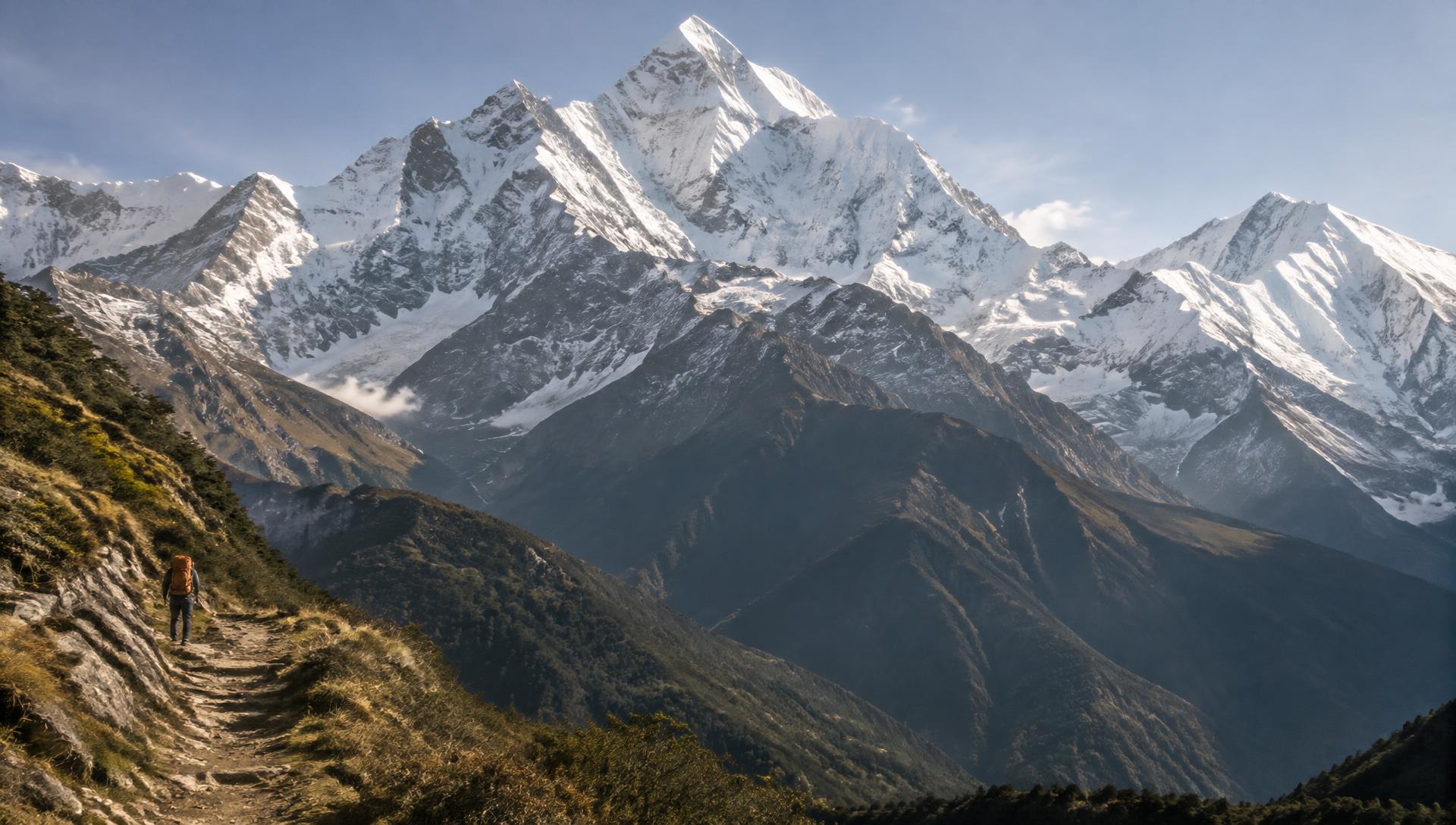 A lone trekker beneath the snow-covered Himalayan range
