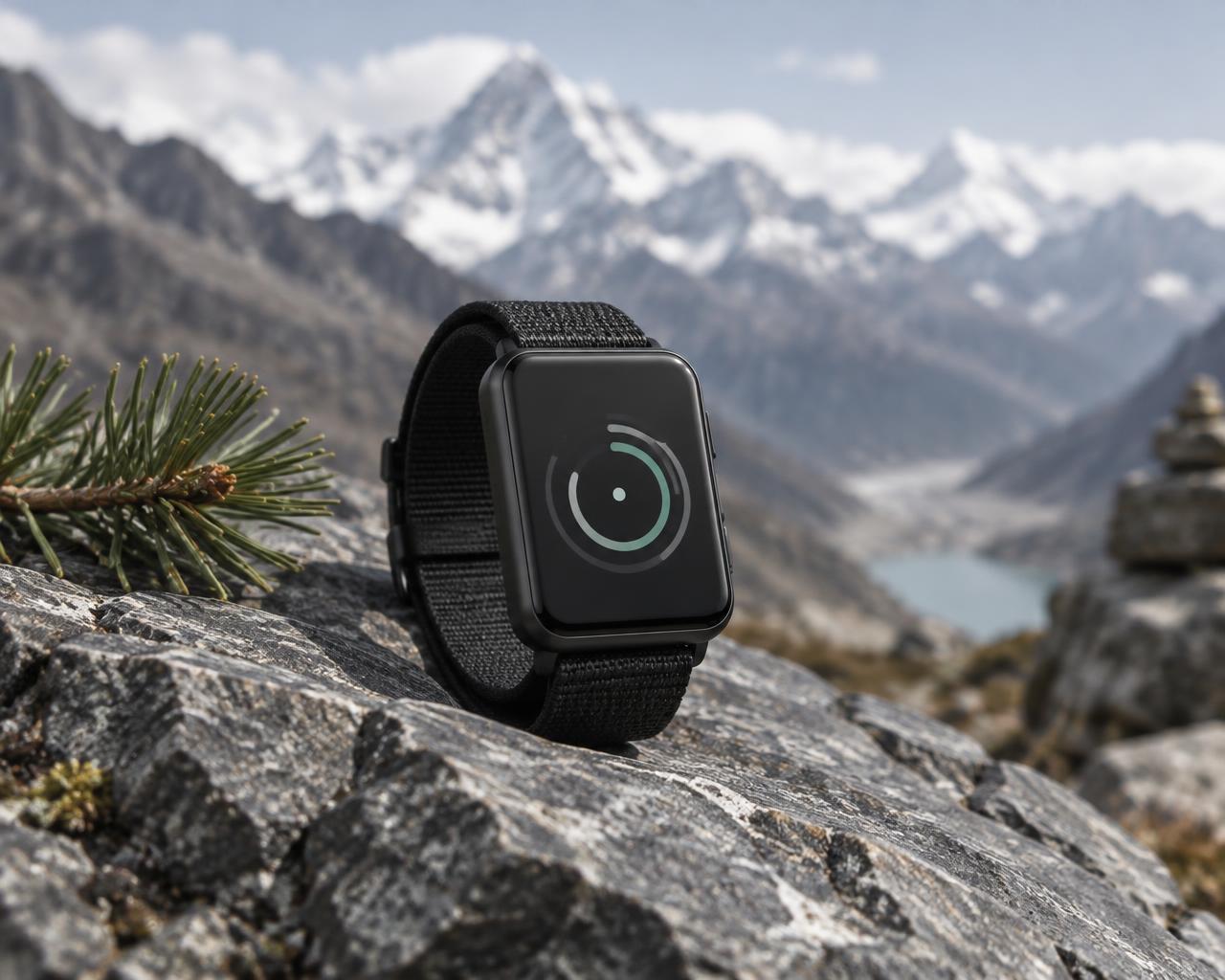 A wearable device resting on an alpine rock